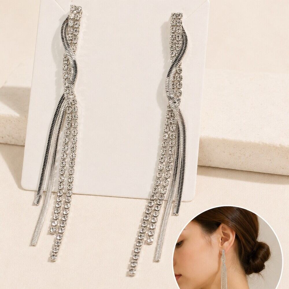 Silver Tone Rhinestone Twist Tassel formal Long Dangle Drop Earrings wedding
